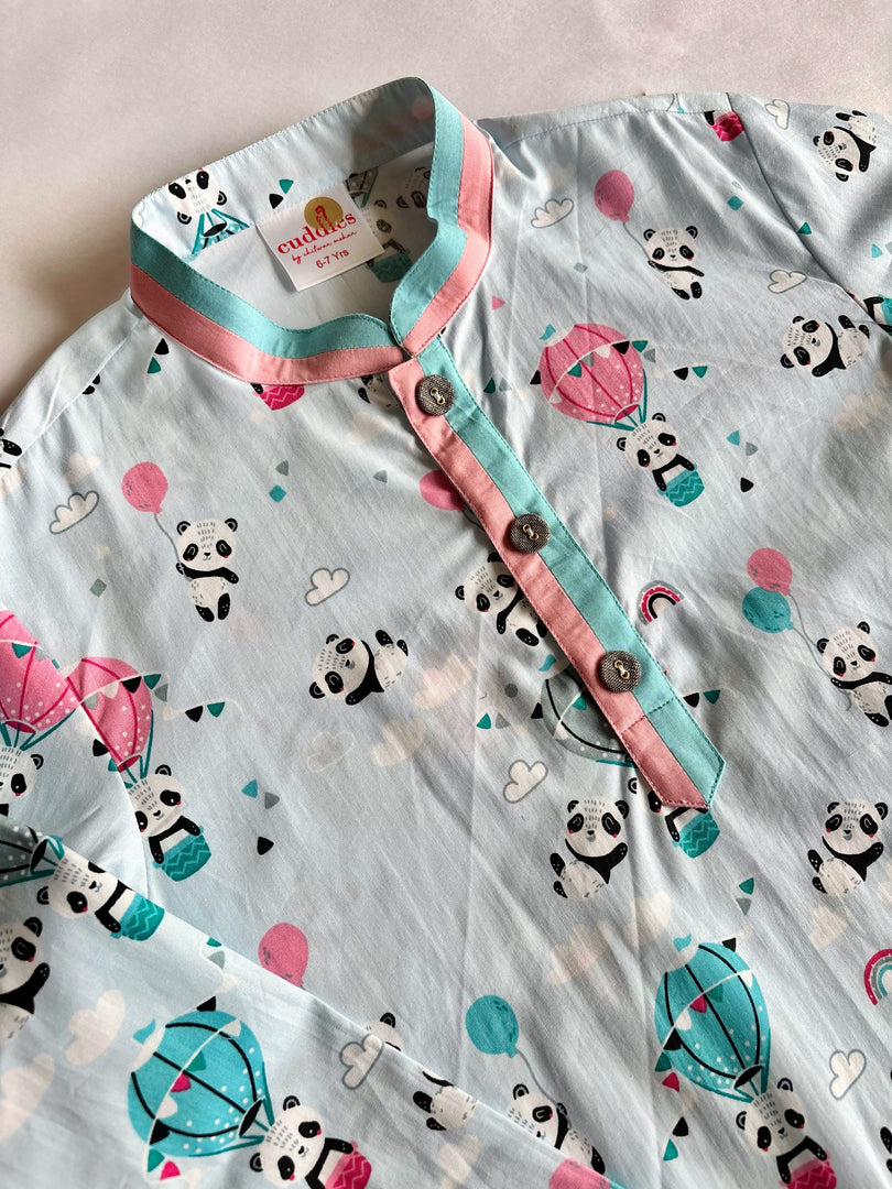 Boys Light Blue Panda Print Cotton Kurta Set - CuddlesClothing