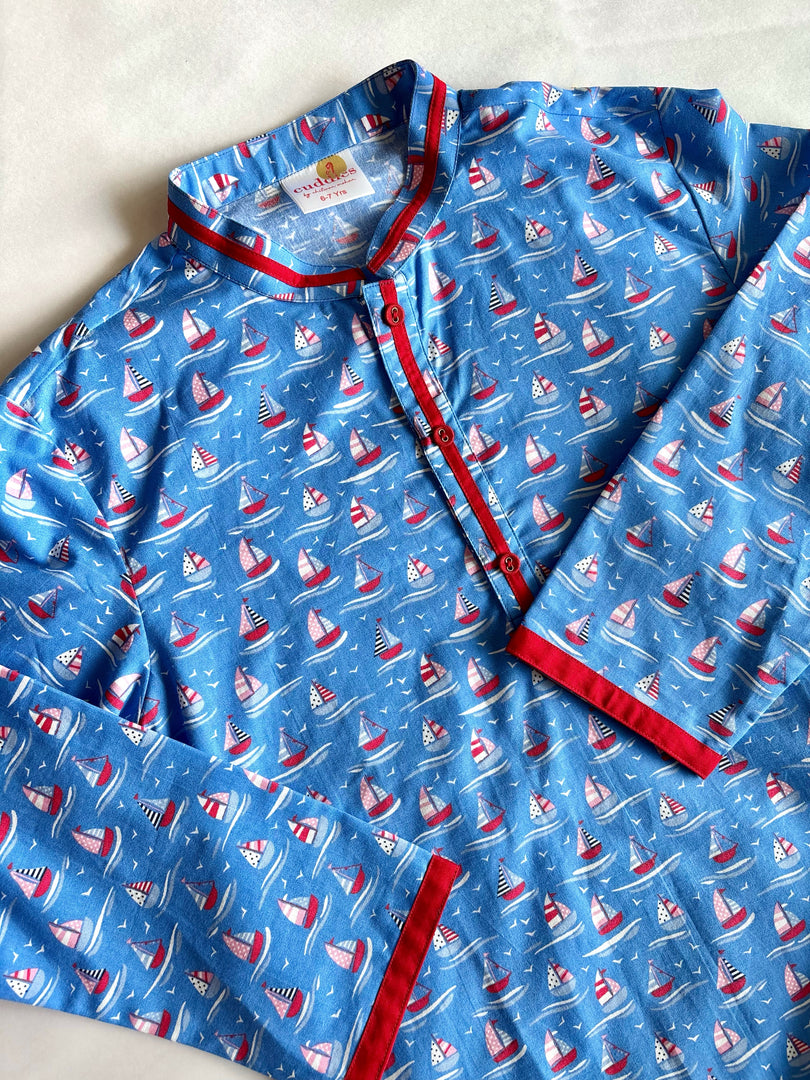 Boys Blue Sailboat Print Cotton Kurta Set - CuddlesClothing