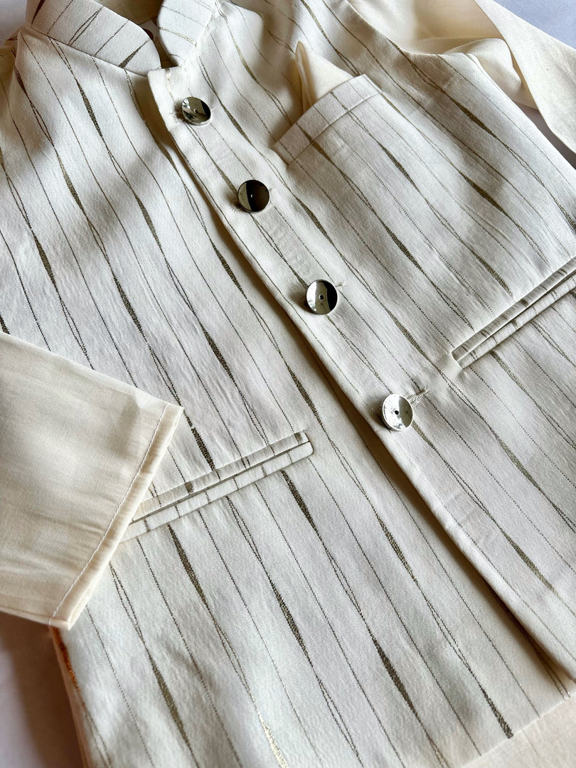 Boys Ivory Kurta Pajama & Striped Nehru Jacket - CuddlesClothing