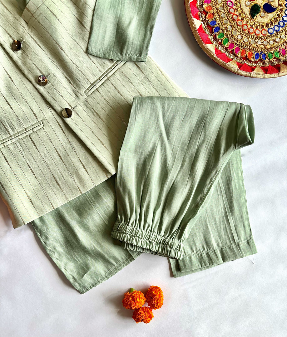Green Lurex Glimmer Nehru Jacket & Kurta Set for Boys - CuddlesClothing