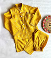 Mustard Block Print Cotton Silk Nehru Jacket Set For Boys