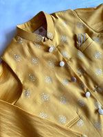 Load image into Gallery viewer, Boys Yellow Block Print Nehru Jacket &amp; Kurta Set - CuddlesClothing