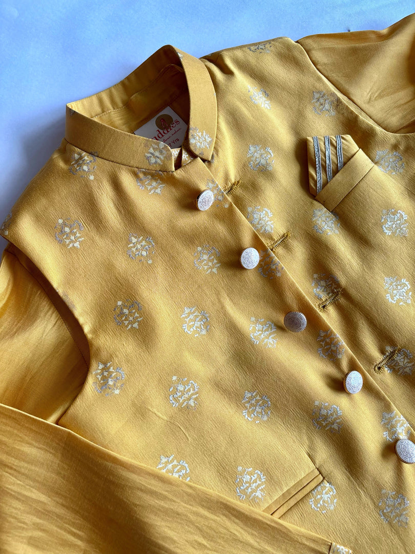 Boys Yellow Block Print Nehru Jacket & Kurta Set - CuddlesClothing