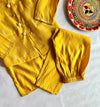 Mustard Block Print Cotton Silk Nehru Jacket Set For Boys