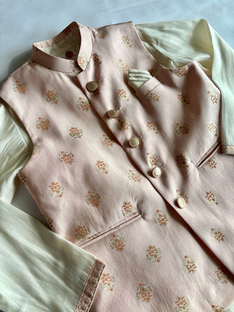 Boys Pink Block Print Nehru Jacket & Kurta Set - CuddlesClothing