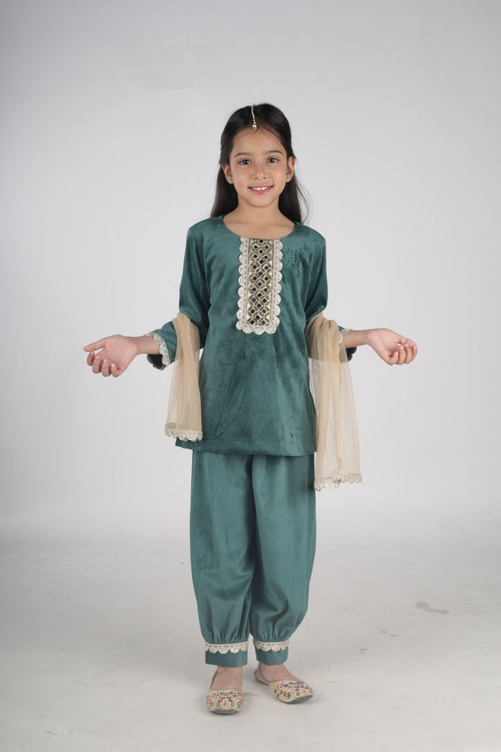 Girls Designer Velvet Salwar Kameez with Lace Details - CuddlesClothing