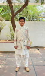 Load image into Gallery viewer, Ivory Silk Jodhpuri Set with Hand-Embroidered Animal &amp; Floral Motifs - CuddlesClothing