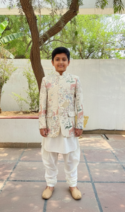 Ivory Silk Jodhpuri Set with Hand-Embroidered Animal & Floral Motifs - CuddlesClothing
