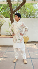 Load image into Gallery viewer, Ivory Silk Jodhpuri Set with Hand-Embroidered Animal &amp; Floral Motifs - CuddlesClothing