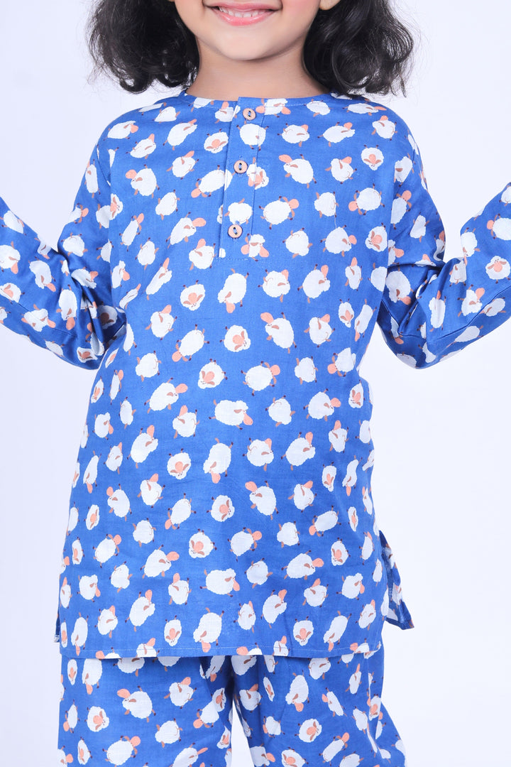 Kids Blue Sheep Print Cotton Nightsuit - CuddlesClothing