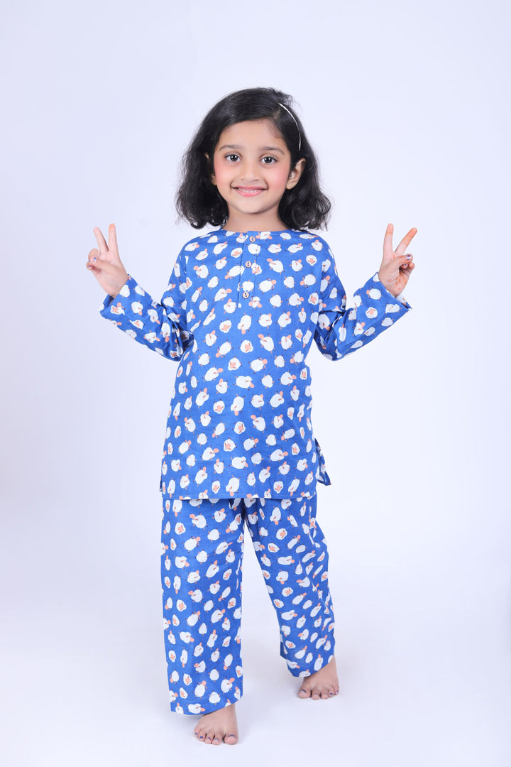 Kids Blue Sheep Print Cotton Nightsuit - CuddlesClothing