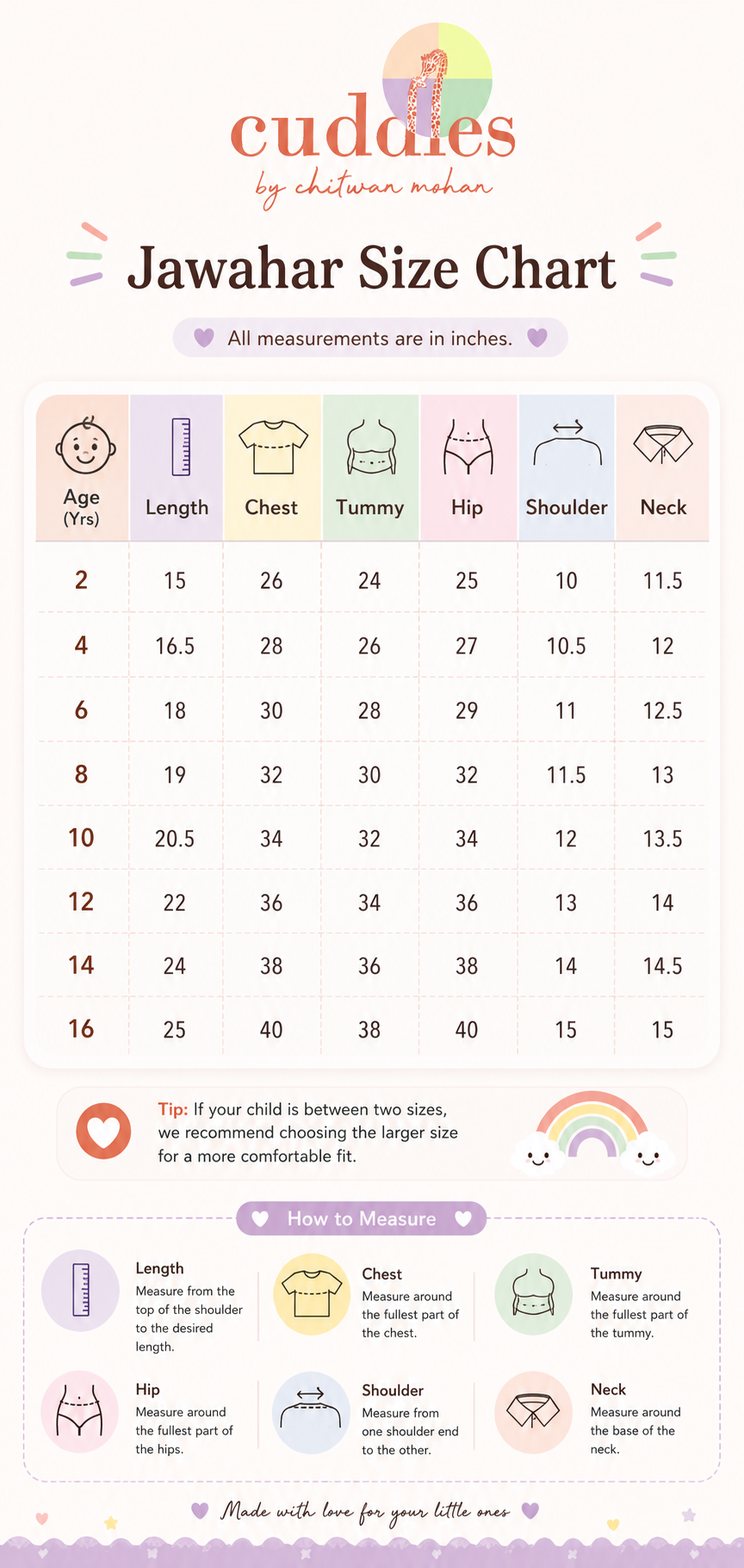 Jawahar Size Chart