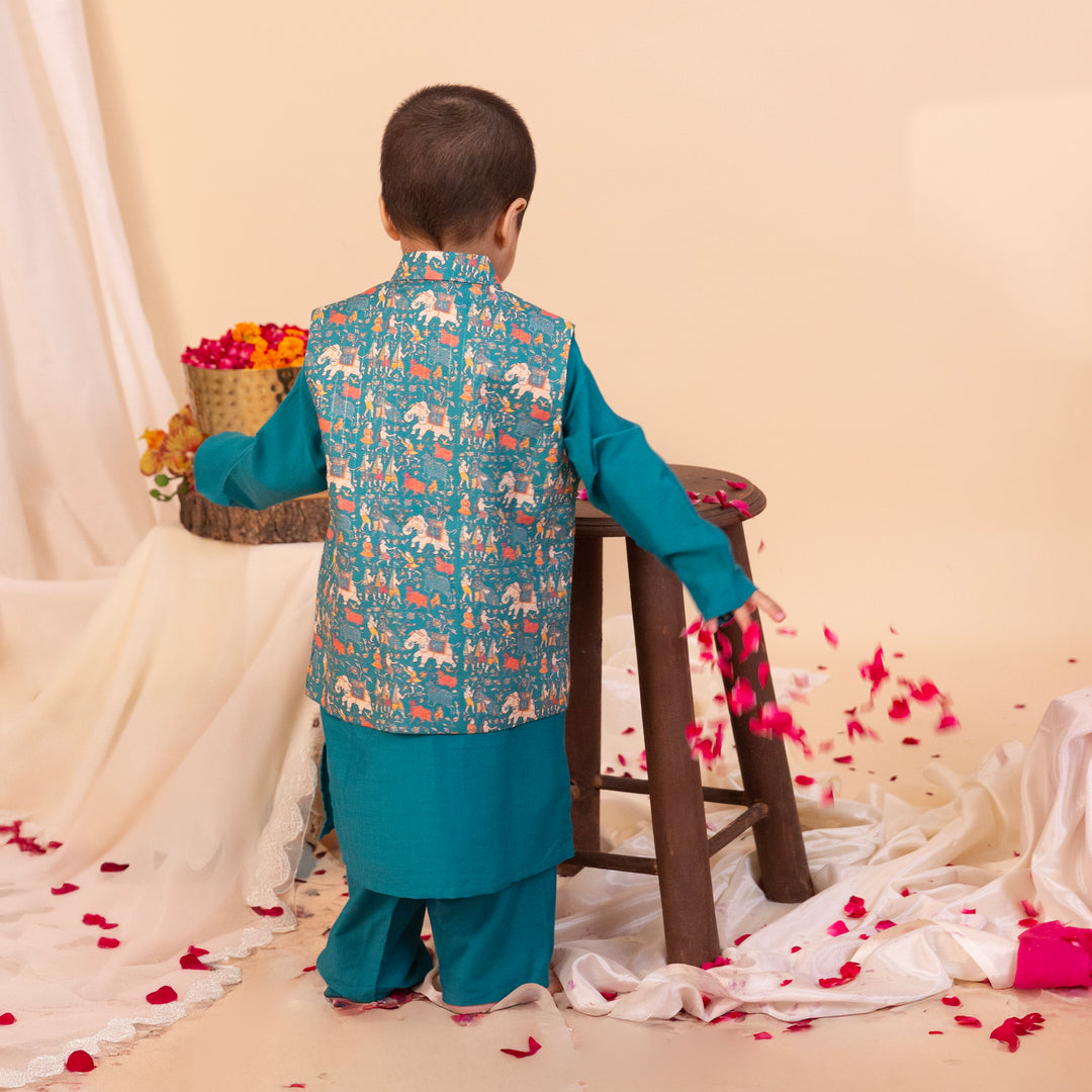 Rajkumaar-e-Teal Nehru Jacket Set For Boys - CuddlesClothing