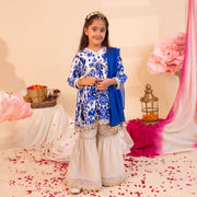 Girls' Blue Floral Kurta & Ivory Garara - CuddlesClothing