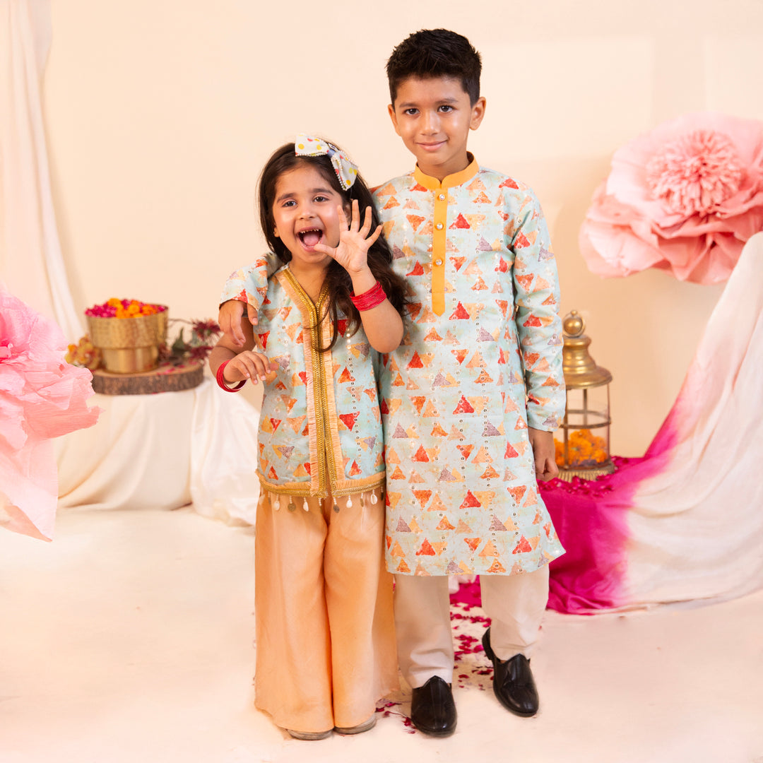 Nazakat Blue & Peach Ethnic Co-ord Set Set For Girls - CuddlesClothing