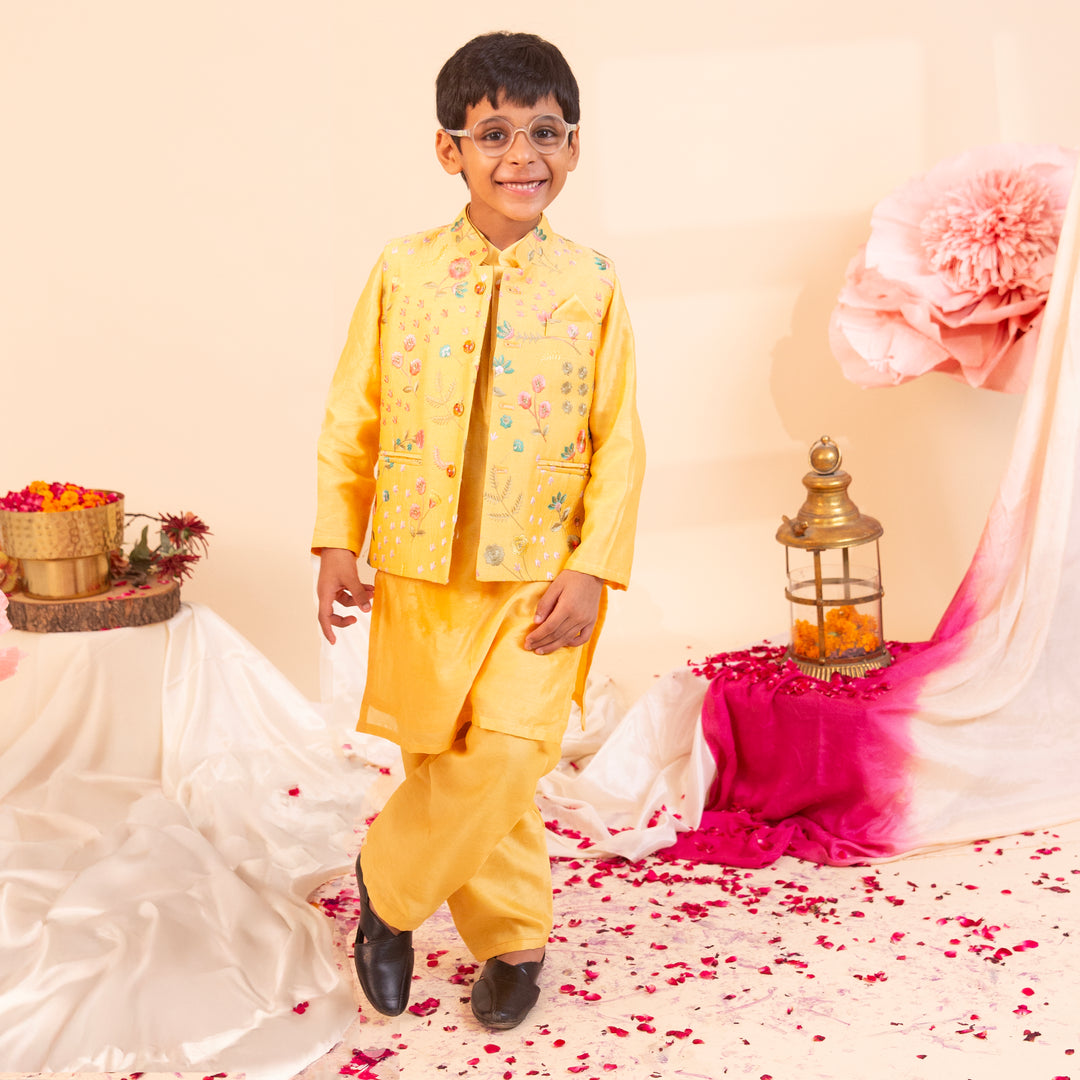 Boys' Yellow Kurta Pajama with Floral Nehru Jacket - CuddlesClothing
