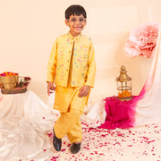 Boys' Yellow Kurta Pajama with Floral Nehru Jacket - CuddlesClothing