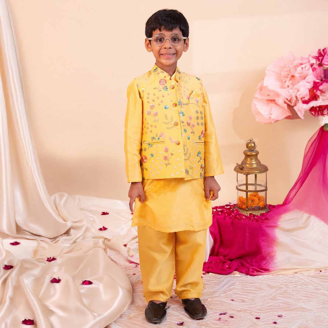 Boys' Yellow Kurta Pajama with Floral Nehru Jacket - CuddlesClothing