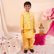 Boys' Yellow Kurta Pajama with Floral Nehru Jacket - CuddlesClothing