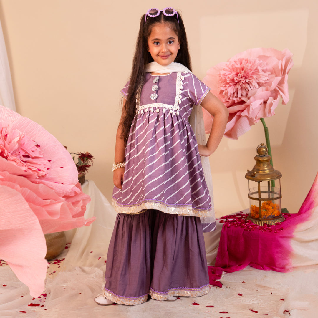 Girls' Purple Leheriya Sharara Set - CuddlesClothing
