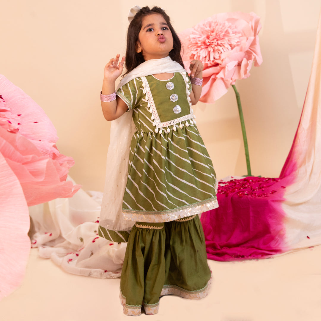 Girls' Olive Green Leheriya Sharara Set - CuddlesClothing
