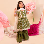 Girls' Olive Green Leheriya Sharara Set - CuddlesClothing