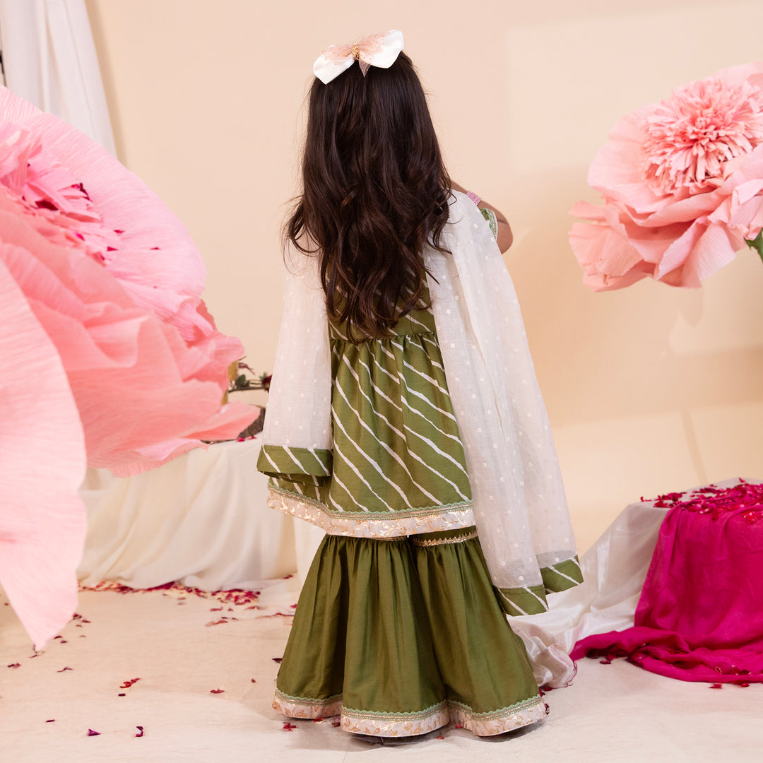 Girls' Olive Green Leheriya Sharara Set - CuddlesClothing
