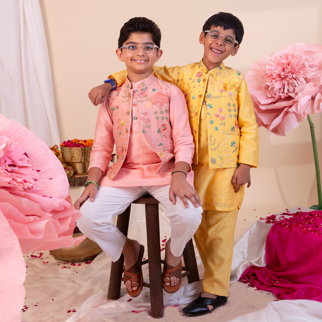 Boys' Yellow Kurta Pajama with Floral Nehru Jacket - CuddlesClothing