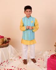 Boys Yellow Leheriya Kurta with Turquoise Embroidered Nehru Jacket - CuddlesClothing