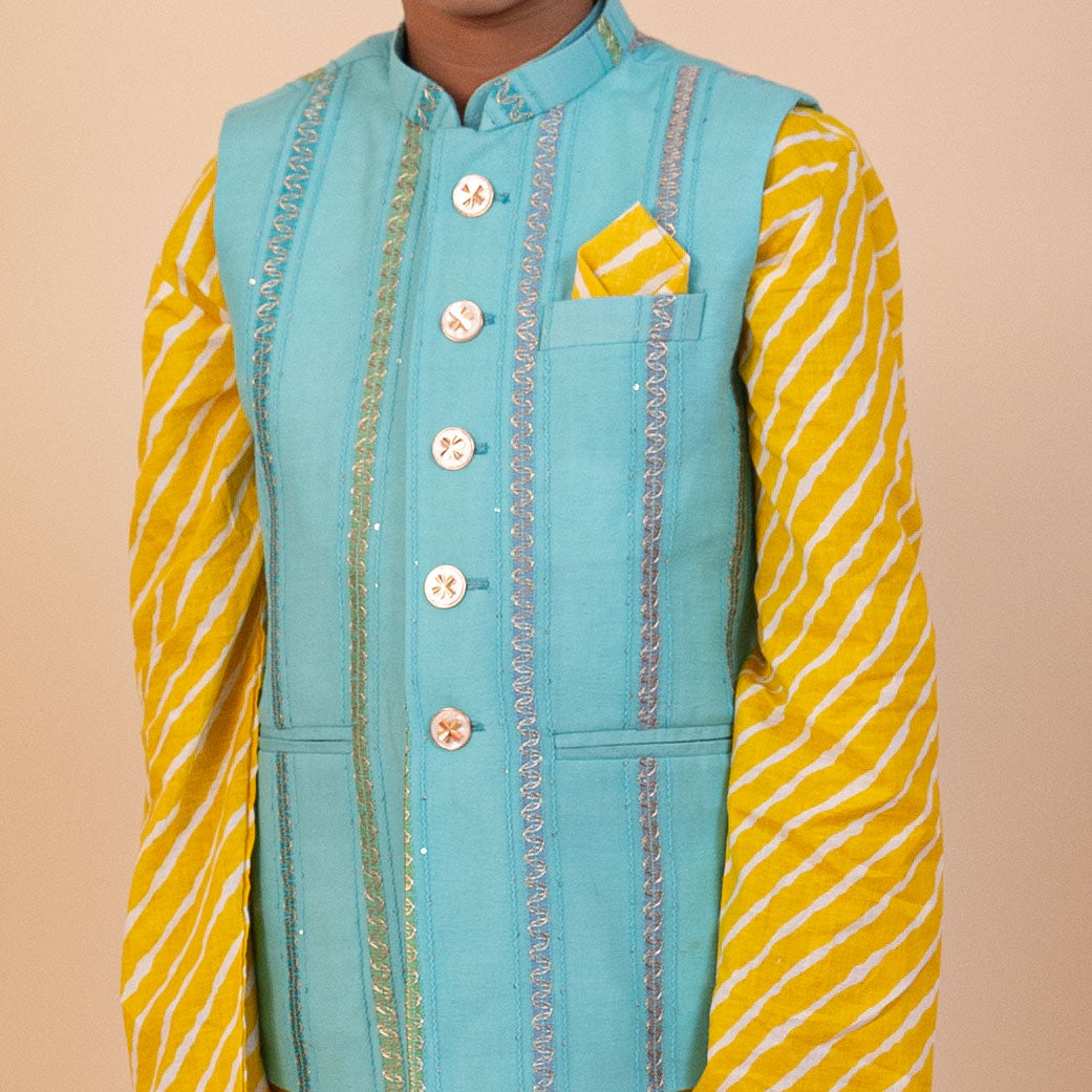 Boys Yellow Leheriya Kurta with Turquoise Embroidered Nehru Jacket - CuddlesClothing