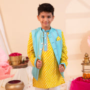 Boys Yellow Leheriya Kurta with Turquoise Embroidered Nehru Jacket - CuddlesClothing