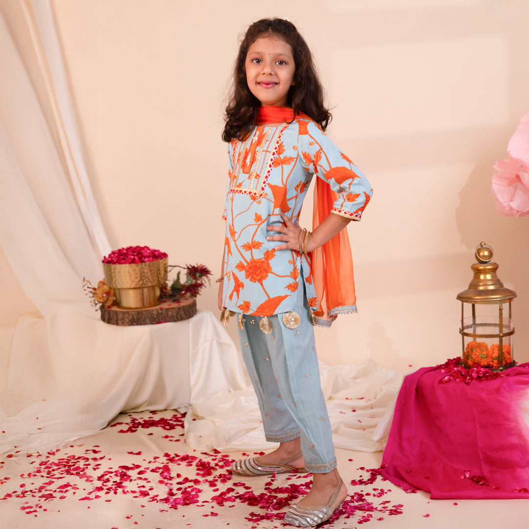 Girls' Blue & Orange Floral Salwar Kameez - CuddlesClothing