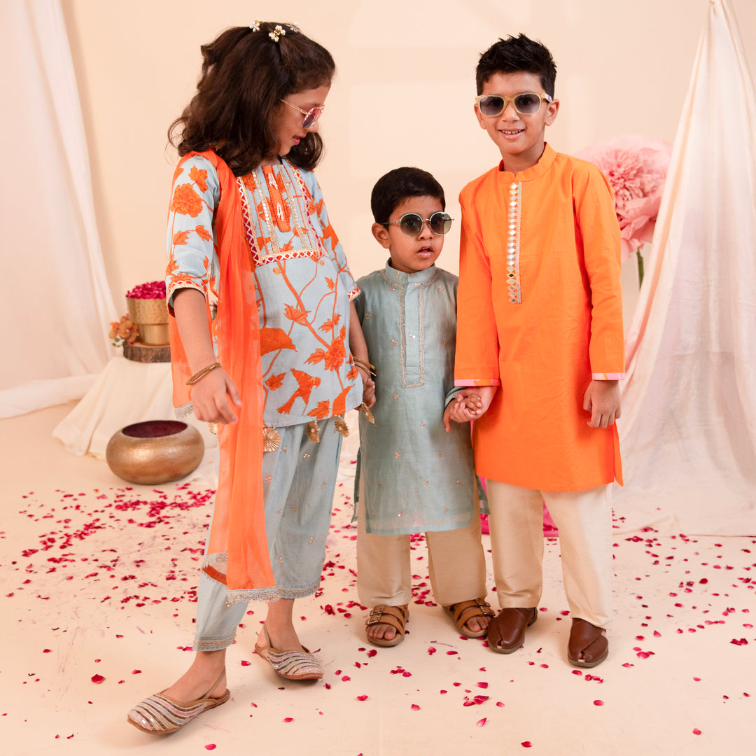 Girls' Blue & Orange Floral Salwar Kameez - CuddlesClothing