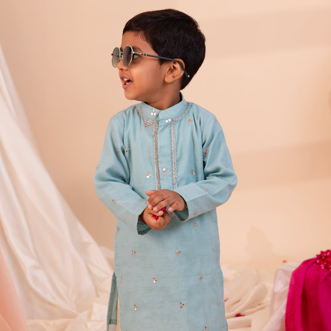 Boys' Pastel Blue Embroidered Kurta Pajama - CuddlesClothing