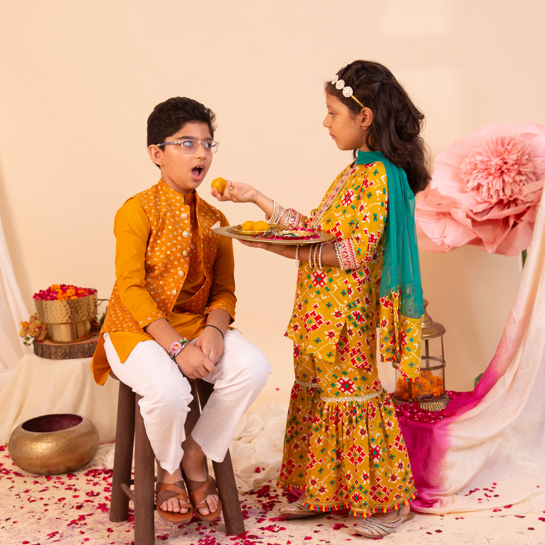 Girls' Mustard Patola Sharara Set - CuddlesClothing