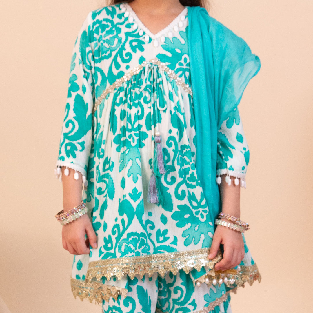 Girls' Turquoise Floral Sharara Set - CuddlesClothing