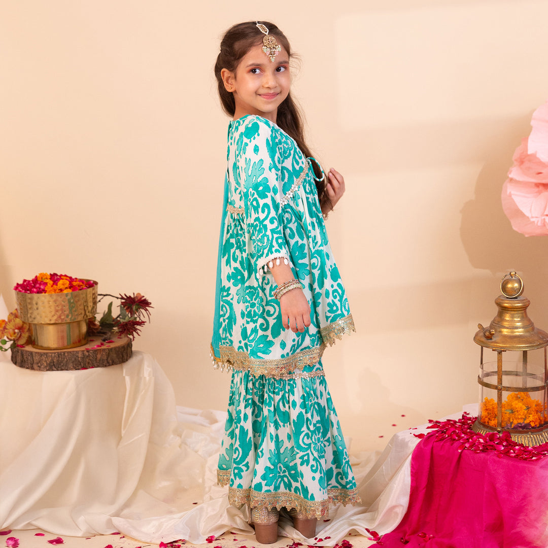 Girls' Turquoise Floral Sharara Set - CuddlesClothing
