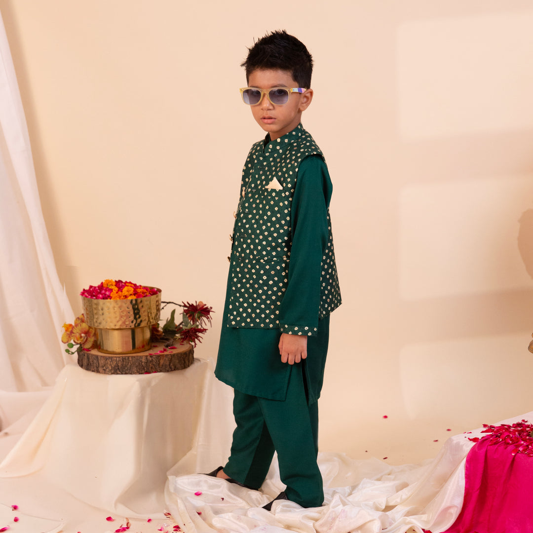 VrindRaaj-Green Bandhani Kurta Jacket Ensemble - CuddlesClothing