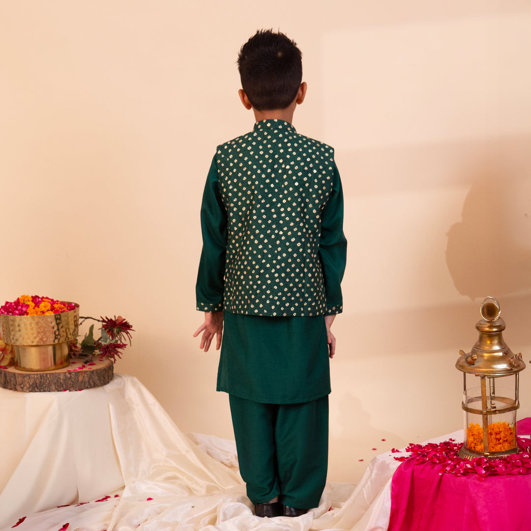 VrindRaaj-Green Bandhani Kurta Jacket Ensemble - CuddlesClothing