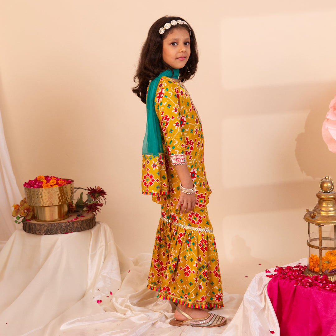 Girls' Mustard Patola Sharara Set - CuddlesClothing