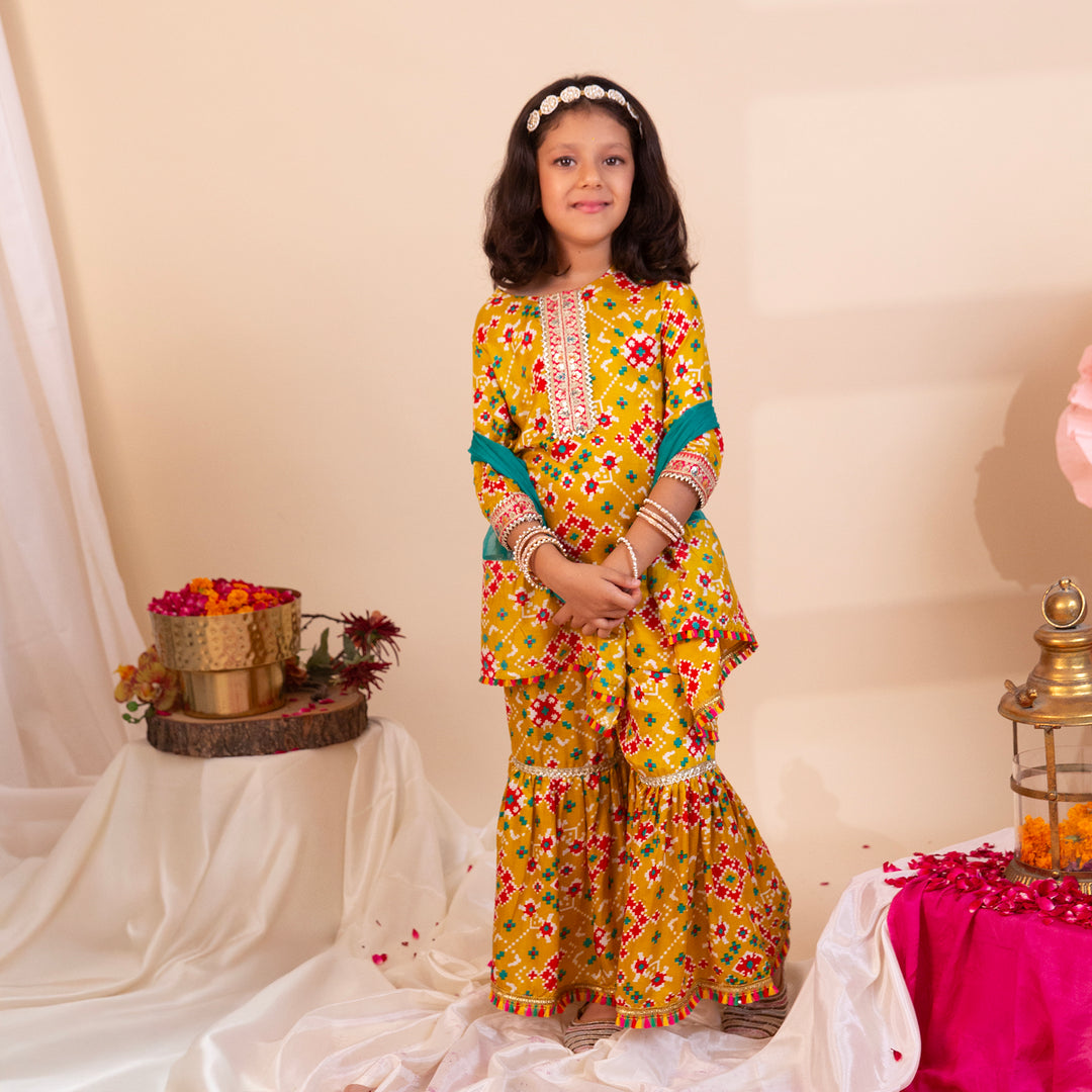 Girls' Mustard Patola Sharara Set - CuddlesClothing