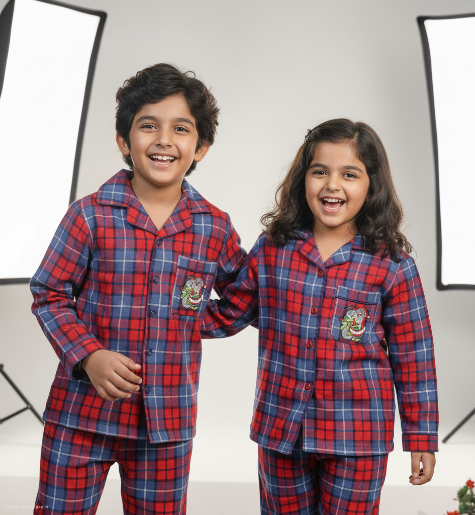 Santa & Snowman Patch Checkered Flannel Nightsuit - CuddlesClothing