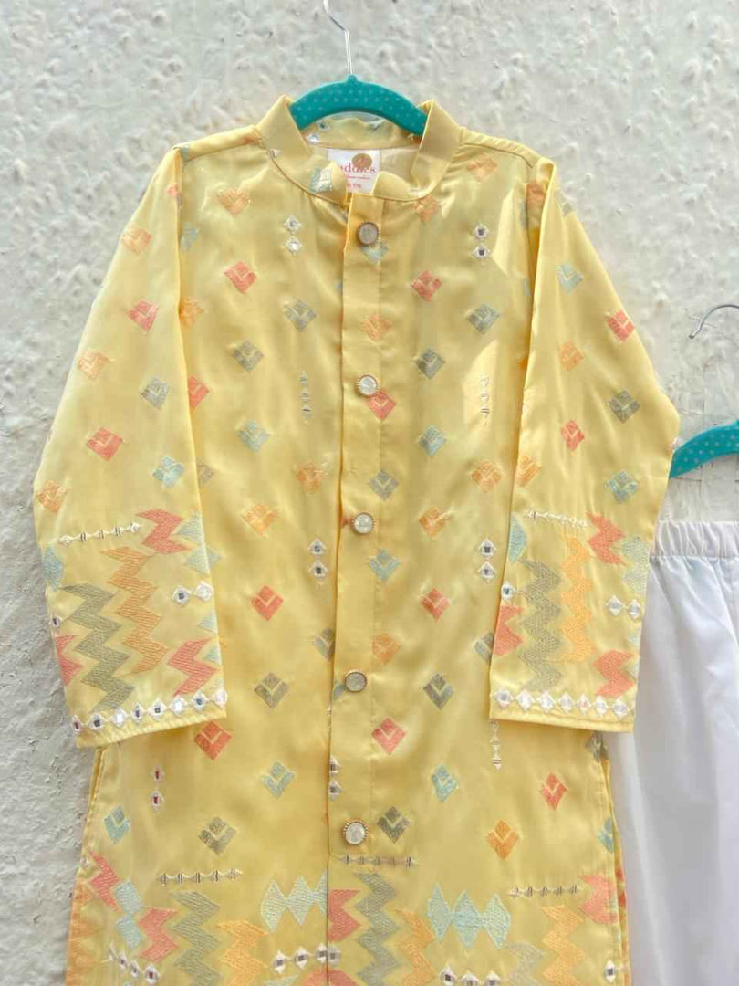 Boys Yellow Mirror Work Kurta Set - Festive Indian Ethnic Wear - CuddlesClothing