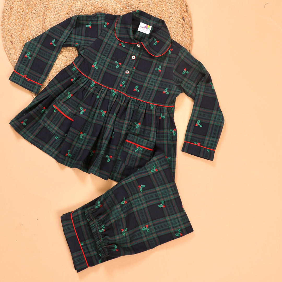 Girls Embroidered Green Plaid Flannel Nightsuit - CuddlesClothing