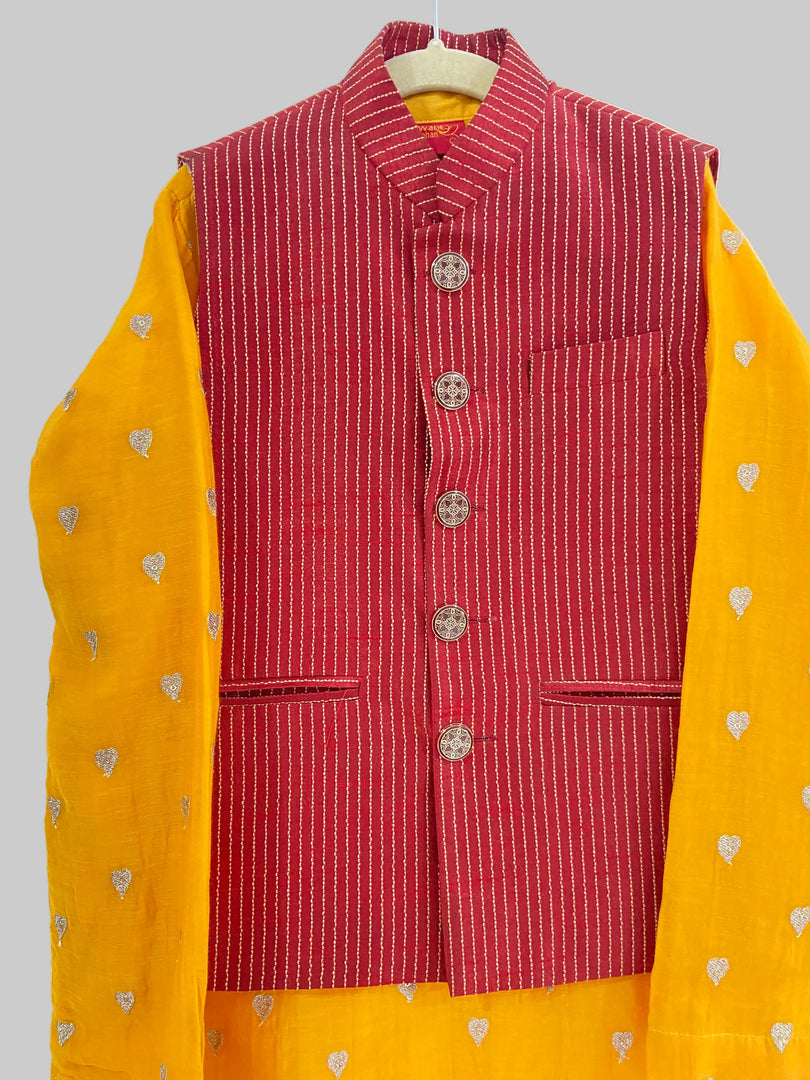 Mustard Mul Chanderi Kurta Set with Silk Nehru Jacket for Boys