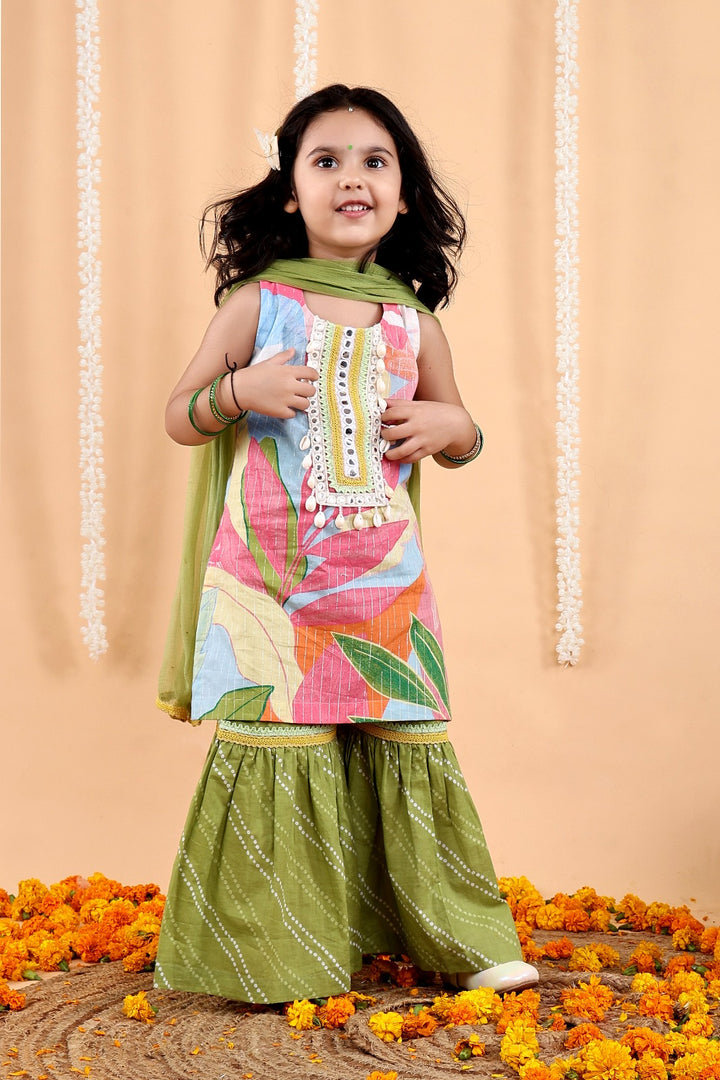 Tropical Floral Kurta Garara Set with Mukaish Dupatta