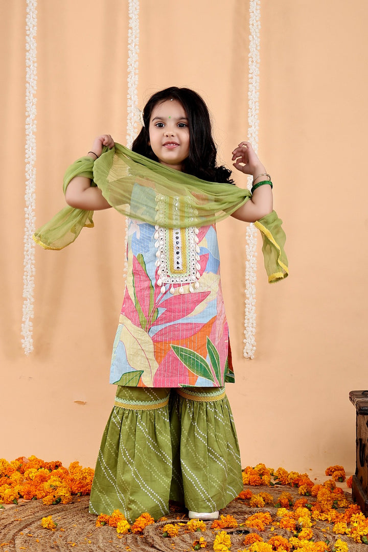 Tropical Floral Kurta Garara Set with Mukaish Dupatta