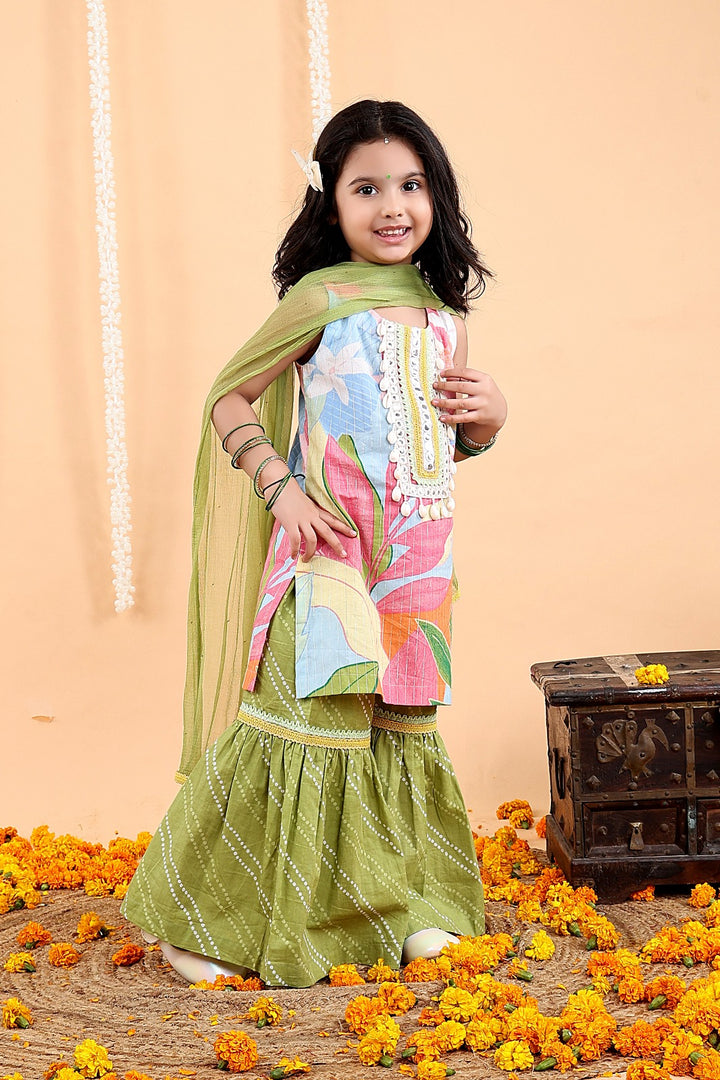 Tropical Floral Kurta Garara Set with Mukaish Dupatta