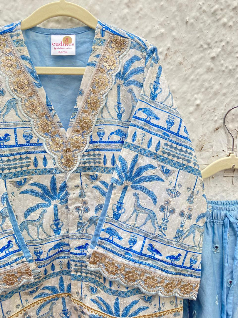 Blue Muslin Front-Open Jacket with Mul Chanderi Sharara Set