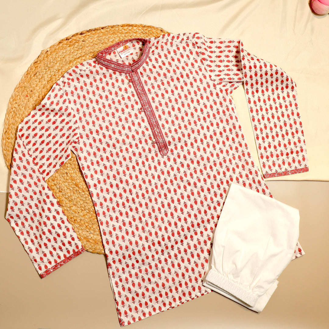 Handcrafted Block Print Cotton Kurta Pajama with Thread Embroidery - CuddlesClothing